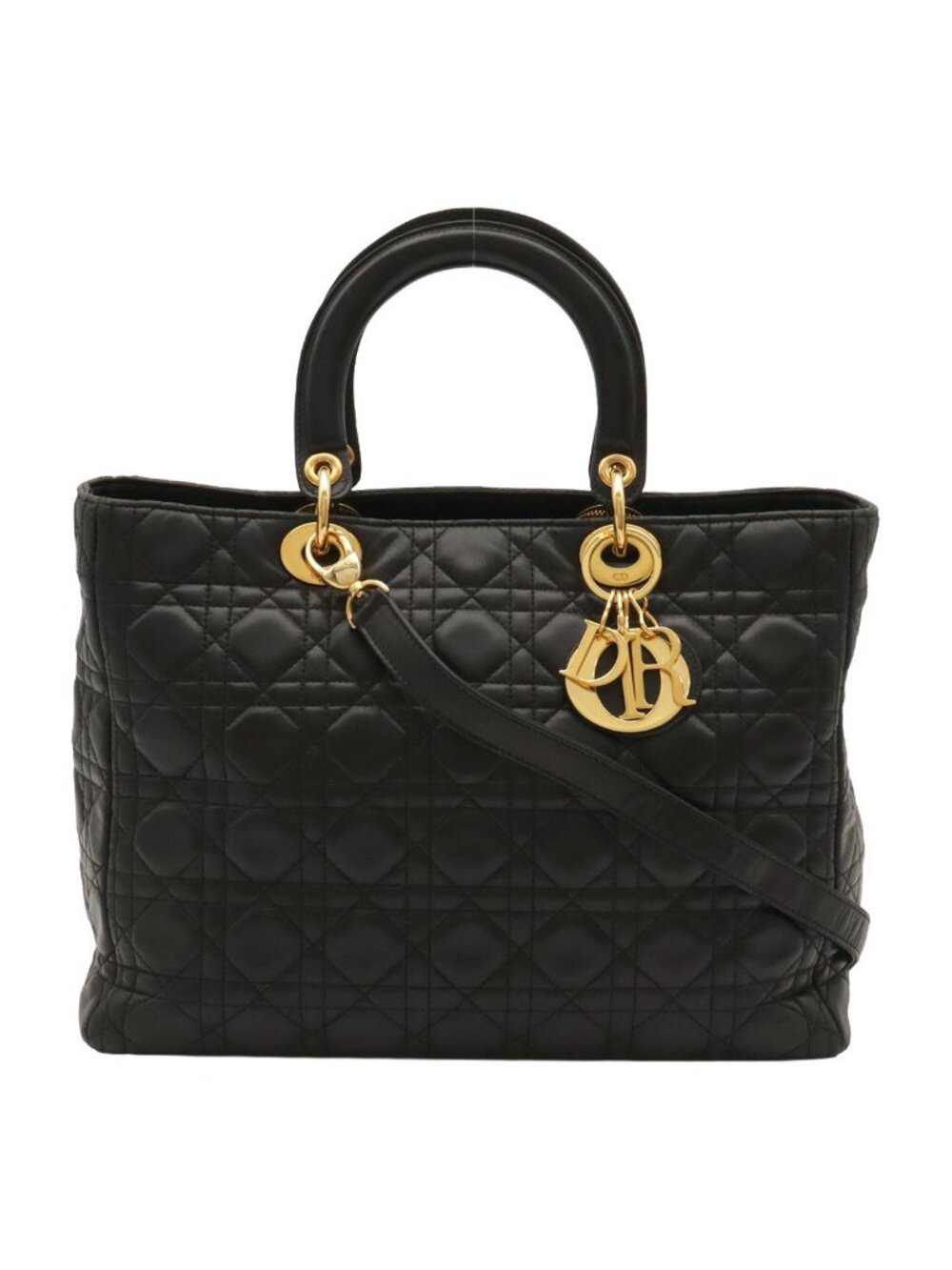 Dior Lady Large Cannage 2-Way Shoulder Bag Leather Black Gold